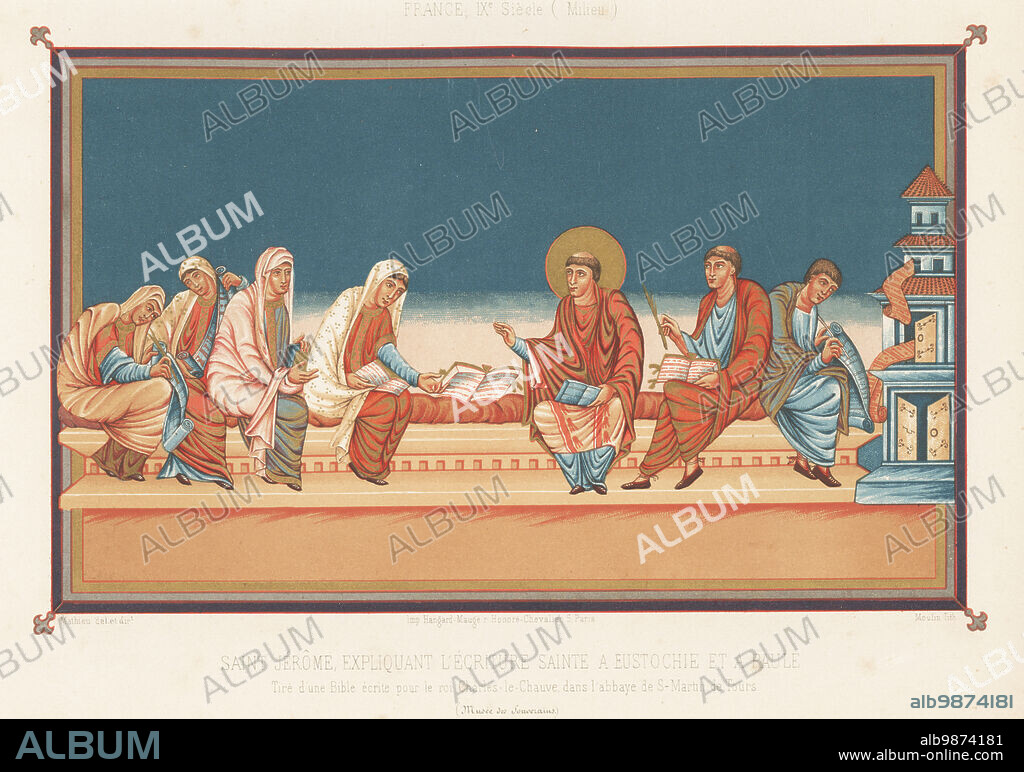 Saint Jerome expounds the holy scriptures to Paula and Eustochia. Saint Jerome in halo, wearing the chasuble, rochet and tunic of a canon. Paula in a long veil looking at a bound book. Scribes take notes with quill pen on scrolls. All seated on a long bench. Saint Jerome expliquant l'ecriture sainte a Eustoche et a Paule, IXe siecle.. From the manuscript Vivien Bible written in the Abbey of Saint-Martin de Tours, MS Latin 1, Musee des Souverains, Louvre. Chromolithograph by Moulin after an illustration by Mathieu from Charles Louandres Les Arts Somptuaires, The Sumptuary Arts, Hangard-Mauge, Paris, 1858.