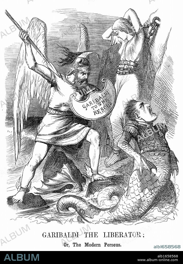 Unification of Italy: Giuseppe Garibaldi (1807-1882), Italian Patriot, conquering Sicily and Naples on behalf of the new kingdom of Italy. John Tenniel cartoon from "Punch", London, 16 June 1860. Wood engraving.