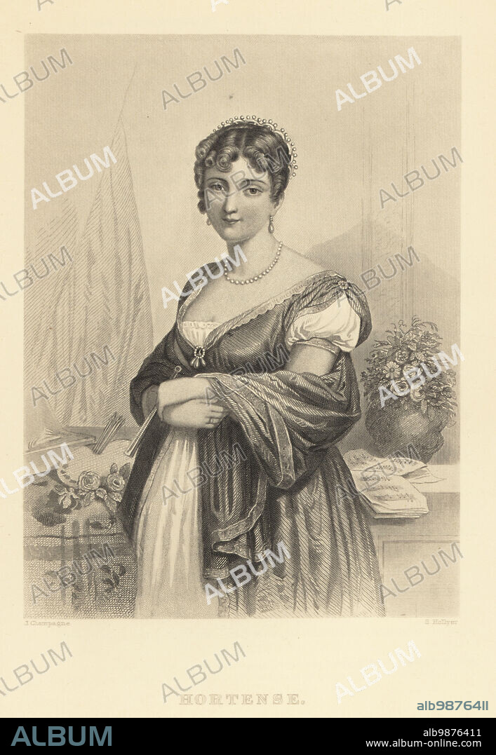 Hortense Bonaparte, Hortense Eugénie Cécile Bonaparte, née de Beauharnais, 1783-1837. Stepdaughter of Emperor Napoléon I, daughter of his first wife, Joséphine de Beauharnais. She later married Napoleons brother, Louis Bonaparte, and became Queen consort of Holland. Steel engraving by John Rogers after a portrait by Jules Champagne from Frank B. Goodrichs The Court of Napoleon or Society under the First Empire, J. B. Lippincott, Philadelphia, 1875.