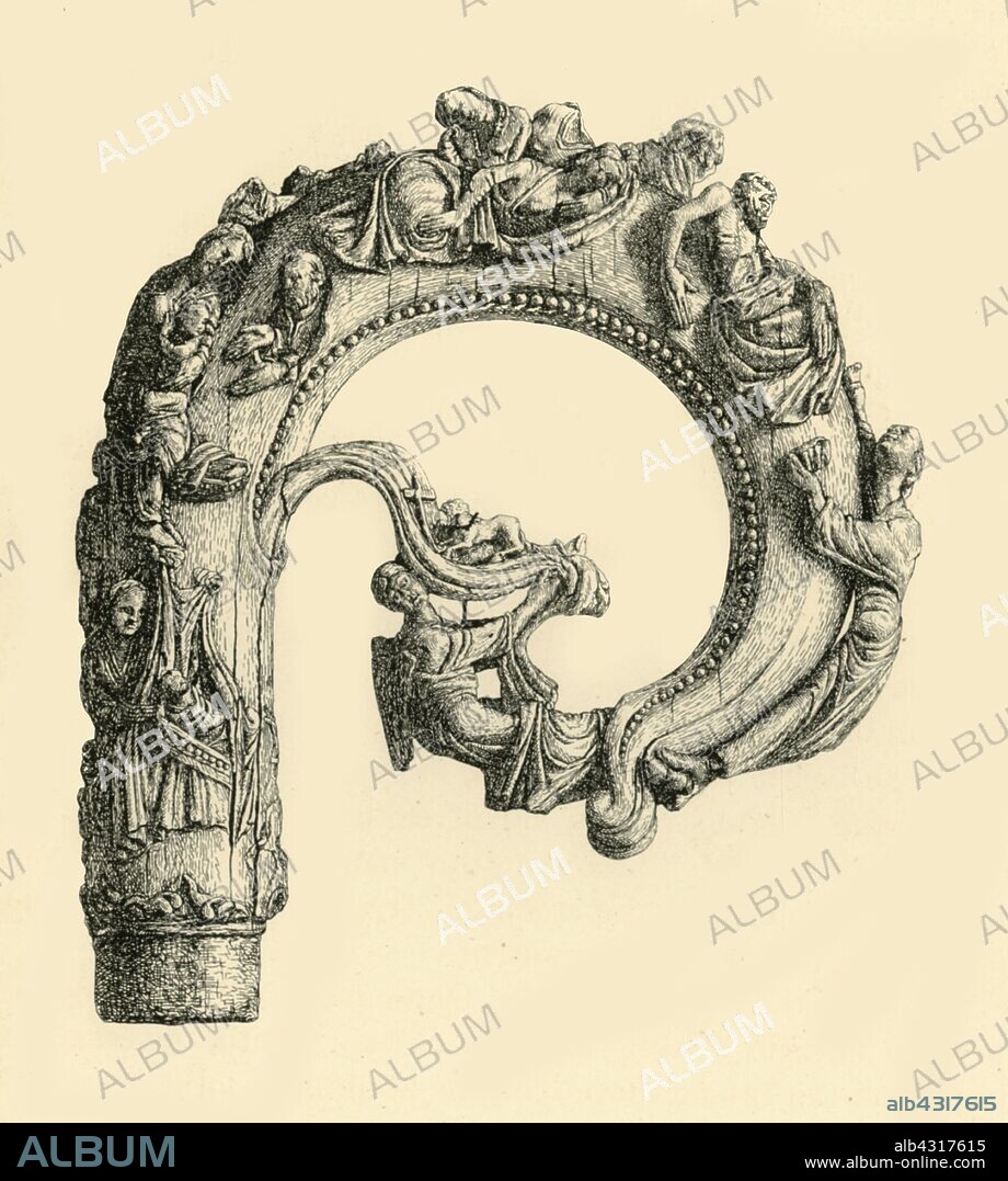 A A BRADBURY. The St Nicholas Crozier, mid 12th century, (1881). Etching of the carved ivory head of a pastoral staff, an important Romanesque piece made c1150-1170 in England, or possibly in France, and showing scenes relating to Christ and St Nicholas. From "The South Kensington Museum", a book of engraved illustrations, with descriptions, of the works of art in the collection of the Victoria & Albert Museum in London (formerly known as the South Kensington Museum). [Sampson Low, Marston, Searle and Rivington, London, 1881].