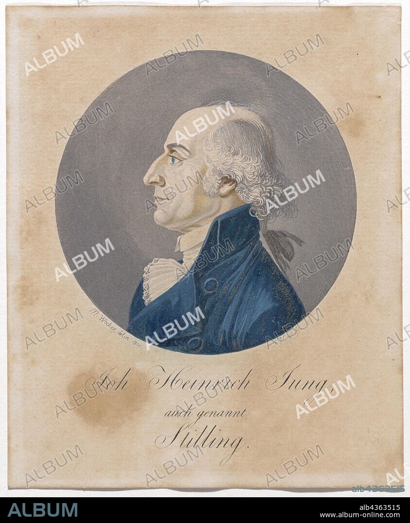 Johann Heinrich Jung gen. Stilling, 1801, aquatint, colored, picture: 9.5 cm diameter |, Leaf: 15.2 x 12.5 cm, U. l., signed and dated: M. Wocher, delin., 1801, ., u, ., r., designated: F. Hegi sc ., u, ., M .: Joh: Heinrich Jung, also called, Stilling., Marquard Fidel Dominikus Wocher, Zeichner, Mimmenhausen 1760–1830 Basel, Franz Hegi, Stecher, Lausanne 1774–1850 Zürich.