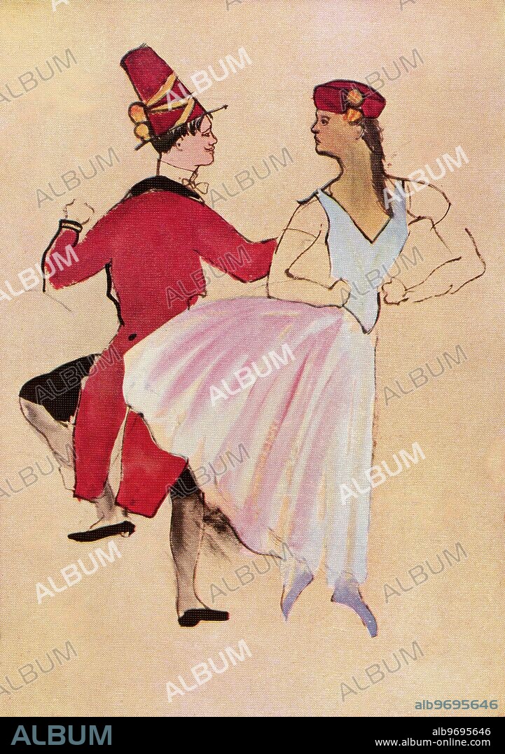 Scenery and costume designs for Col W de Basil ' s Ballet Russes 1935 1936 season . Drawing by Christian Berard for ' Cotillon '. 1930s.