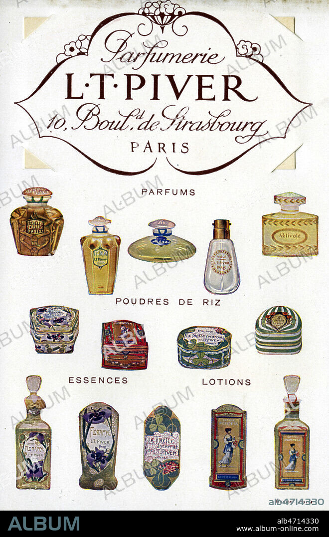 Flacons de parfum L.T. PIVER. Publicite pour une parfumerie vers 1920. Credit : Collection IM/KHARBINE-TAPABOR.