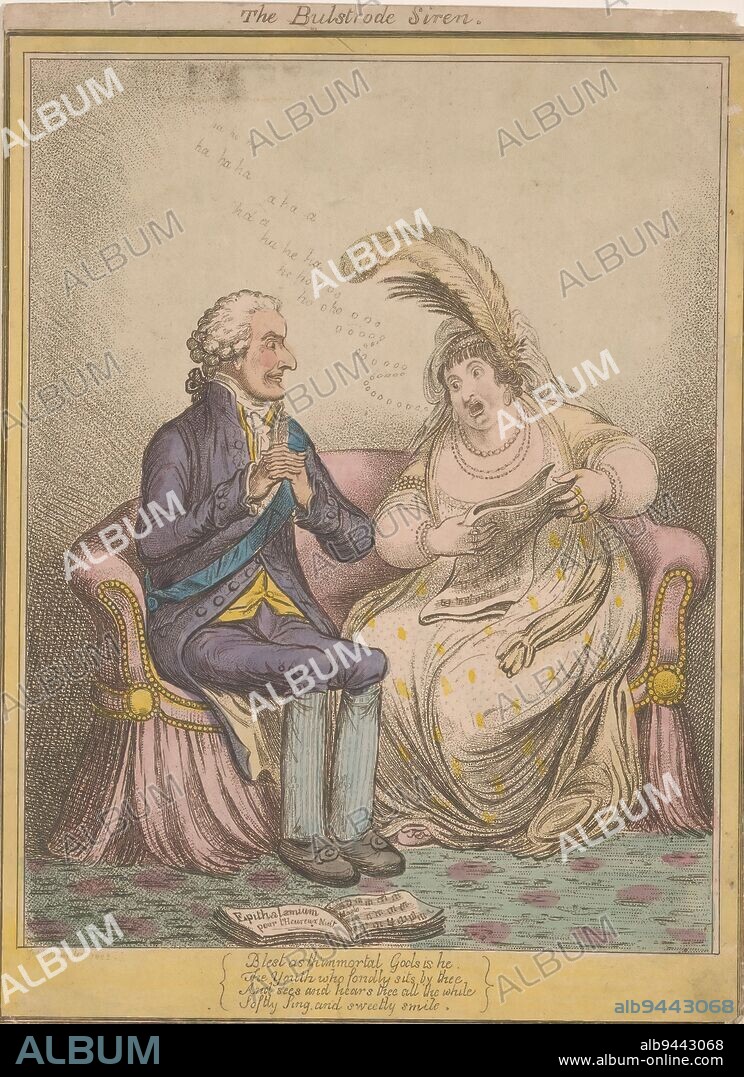The Duke of Portland and Elizabeth Billington, The Bulstrode Siren (title on object), Cartoon showing William Cavendish-Bentinck, the third Duke of Portland, listening with fascination to the singer Elizabeth Billington. Below is a four-line verse., print maker: James Gillray, (mentioned on object), England, 1803, paper, etching, engraving, height 238 mm × width 175 mm.