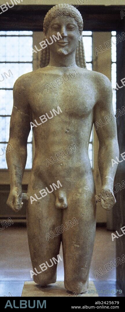 Kouros (naked young). Archaic Greek sculpture. One of the Ptoon kouroi. C. 530-520 BC. Marble. From the sanctuary of Apollo Ptoios on the Ptoon mountain, Boeotia. Central Greece. National Archaeological Museum of Athens. Greece.