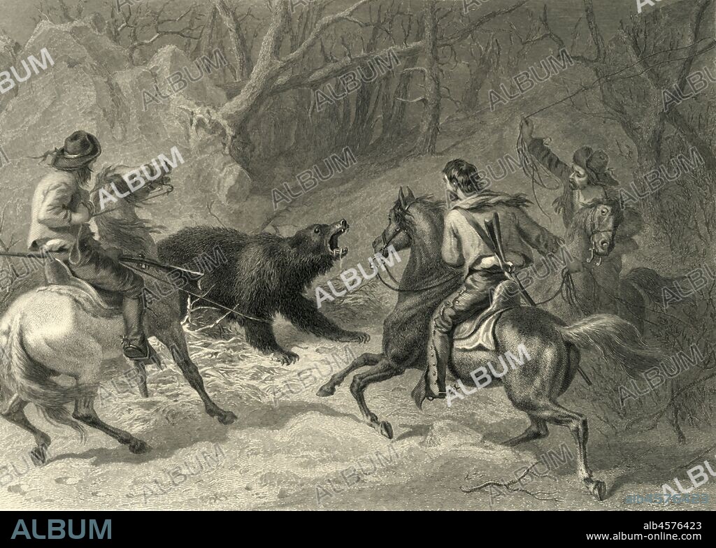 FRANCIS HOLL. 'Native Californians Lassoing a Bear', 1874. Three American men on horseback attempt to rope a grizzly bear. From "Picturesque America; or, The Land We Live In, A Delineation by Pen and Pencil of the Mountains, Rivers, Lakes...with Illustrations on Steel and Wood by Eminent American Artists" Vol. II, edited by William Cullen Bryant. [D. Appleton and Company, New York, 1874].