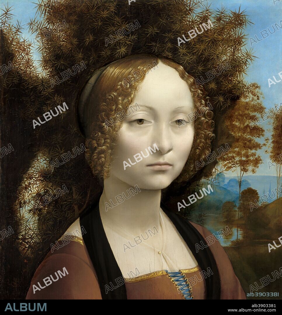 LEONARDO DA VINCI. Ginevra de' Benci. Date/Period: Ca. 1474 - 1478. Painting. Oil on panel. Height: 427 mm (16.81 in); Width: 370 mm (14.56 in).