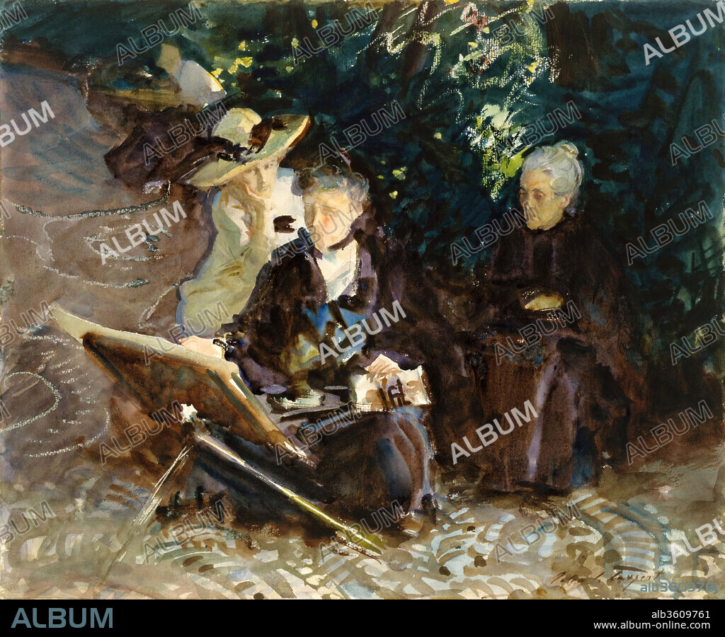 In the Generalife. Artist: John Singer Sargent (American, Florence 1856-1925 London). Dimensions: 14 3/4 x 17 7/8 in. (37.5 x 45.4 cm)
Mat: 22 × 28 in. (55.9 × 71.1 cm)
Framed (standard exhibition frame): 24 1/2 × 30 1/2 × 1 1/8 in. (62.2 × 77.5 × 2.9 cm). Date: 1912.
In 1912 Sargent made several watercolors in the gardens of the Generalife, the former summer palace of the Moorish sultans at the Alhambra in Granada, Spain. Surrounded by the lush foliage and tiled paths is Sargent's sister Emily, an amateur artist, sketching at her easel. The young woman looking on at the left is Jane de Glehn, an artist and frequent traveling companion; at right is Dolores Carmona, a Spanish friend. Sargent's images of his friends and relatives working out-of-doors are among his most compelling works, conjoining his dual skills as portraitist and plein-air painter.