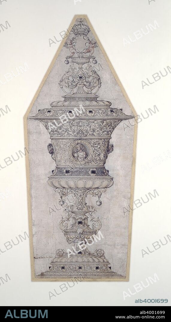 Design for the Jane Seymour gold cup, 1536-1537. Dimensions: height x width: sheet 37.6 x 15.5 cm [irregular hexagon].