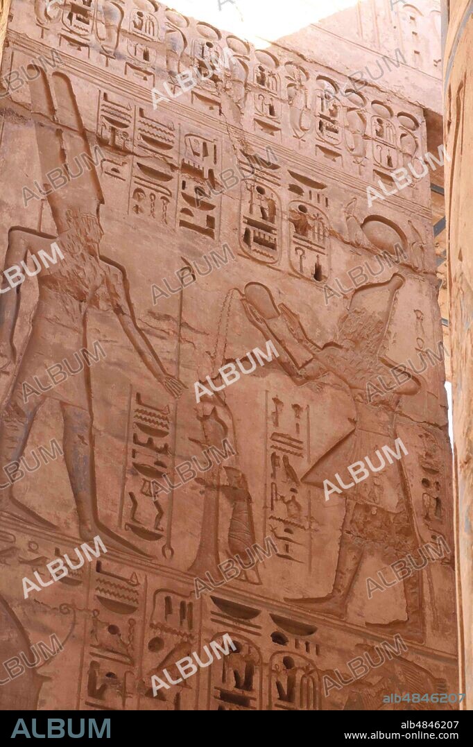 Hypostyle Hall at the Temple of Rameses IIII at Medinet Habu, Egypt. The Mortuary Temple of Ramesses III at Medinet Habu was an important New Kingdom period temple structure in the West Bank of Luxor in Egypt. The temple has inscribed reliefs depicting the advent and defeat of the Sea Peoples during the reign of Ramesses III. Initial excavation of the temple took place sporadically between 1859 and 1899.