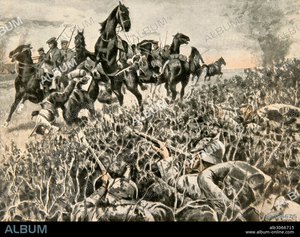 I GUERRA MUNDIAL (1914-1918). "Tres soldados alemanes (Potencias centrales), ocultos en un sembrado, destruyen una patrulla exploradora de Caballería rusa (Aliados), en las cercanías de Kutno (localidad polaca) ". Grabado. La Esfera, 1915.