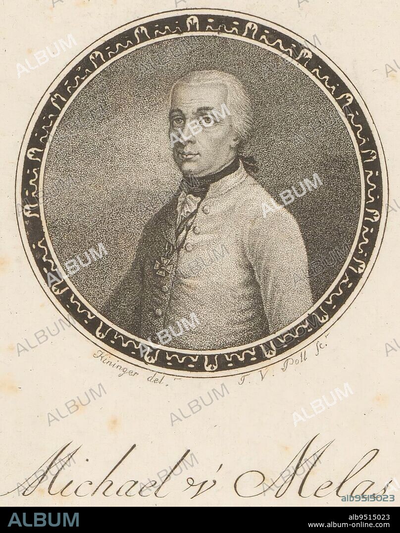 Portrait of Michael von Melas, print maker: Theodor Vincenz Poll, (mentioned on object), intermediary draughtsman: Vincenz Georg Kininger, (mentioned on object), publisher: Theodor Vincenz Poll, (mentioned on object), 1780 - 1880, paper, etching, engraving, h 130 mm - w 86 mm.