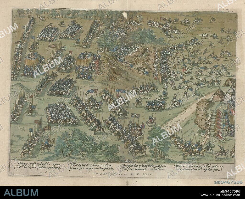Filippo Strozzi captured in France, 1569, Series 3: French Wars of Religion, 1559-1573 (series title), Capture of Italian Catholic army captain Filippo Strozzi in France, June 25, 1569. View of the battlefield. Below the image German text of eight lines. Numbered: 26., print maker: Frans Hogenberg, Cologne, 1569 - 1573, paper, etching, height 207 mm × width 280 mm.