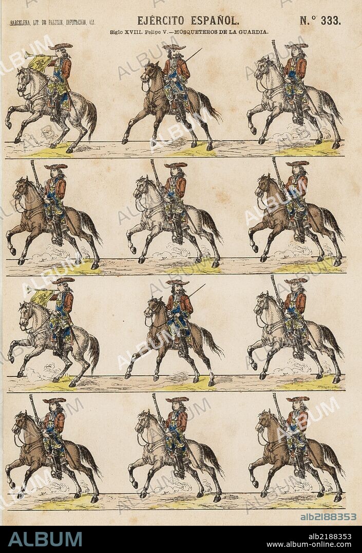 Recortable del Ejército Español. Caballería. Mosqueteros de la Guardia de Felipe V. Editado en Barcelona por Paluzie, años 1880.