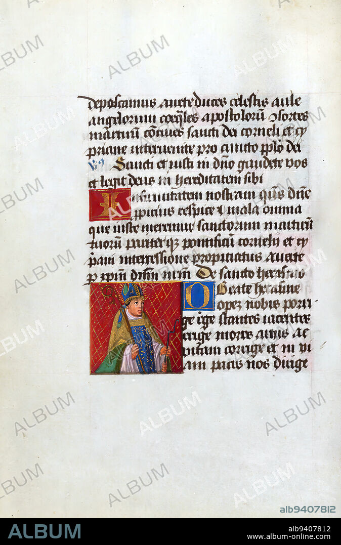 Prayer book, St. Erasmus, This early sixteenth-century illuminated prayer book contains Latin prayers and passages from the Gospels. Although small in scale, it is notable for its abundance of illuminations, with nearly sixty extant small miniatures. Full-color portraits embellish the prayers to the Virgin and Suffrages, while the images within the Gospel narrative are rendered primarily in grisaille, a nearly entirely gray monochrome technique. The last folios include a trompe-l'oeil foliate margin and a Crucifixion that seems to be a later addition. Throughout the book gold initials on red or blue grounds mark the beginning of the prayers.