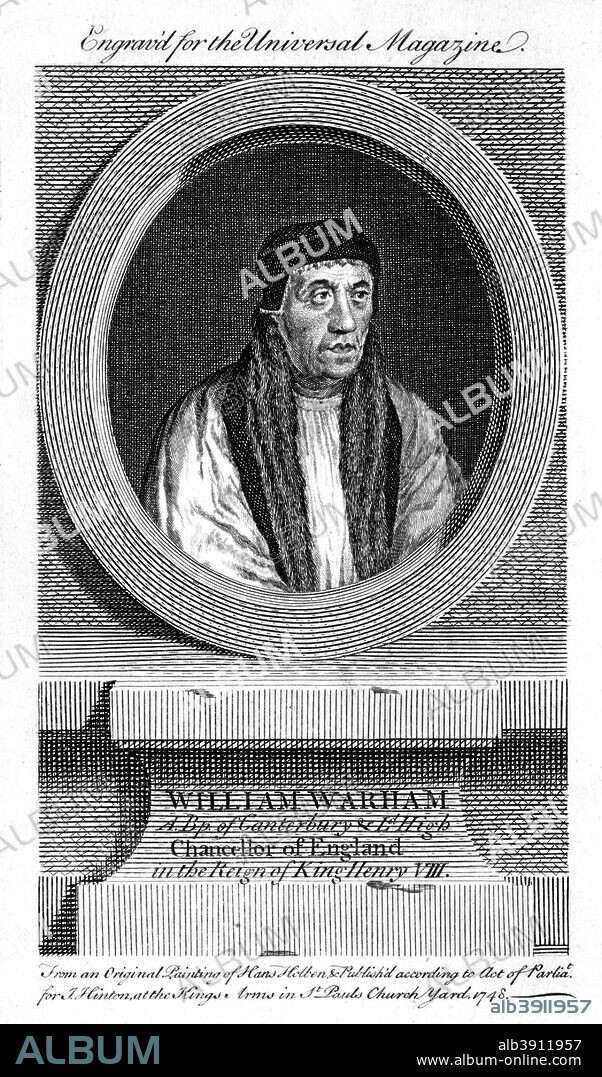 William Warham, Archbishop of Canterbury, 1748. Portrait of Wareham (c1450-1532) who was Archbishop of Canterbury during the reign of Henry VIII.