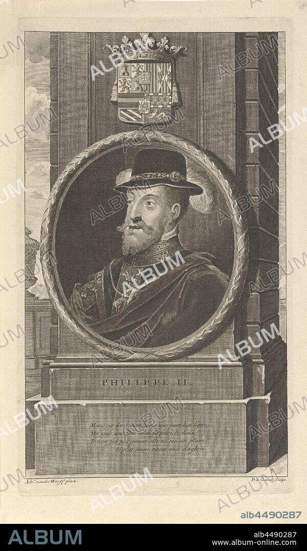 Portrait of King Philip II of Spain, Philip II, King of Spain. Above the portrait the coat of arms of the Habsburgs. The print has as a caption a French poem about his life, Philip II (King of Spain), Pieter van Gunst (mentioned on object), Amsterdam, c. 1669 - 1731, paper, etching, h 317 mm × w 182 mm.