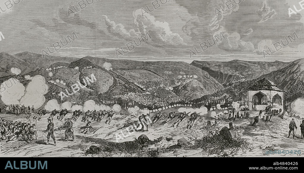 EUGENIO VELA (D. 1895). SPANISH ENGRAVER.. Austro-Hungarian campaign in Bosnia and Herzegovina (29 July to 20 October 1878). Bosnian uprising. Sarajevo. General attack by the Austro-Hungarian army, 19 August 1878. Engraving by Vela. La Ilustración Española y Americana (The Spanish and American Illustration), 1878.