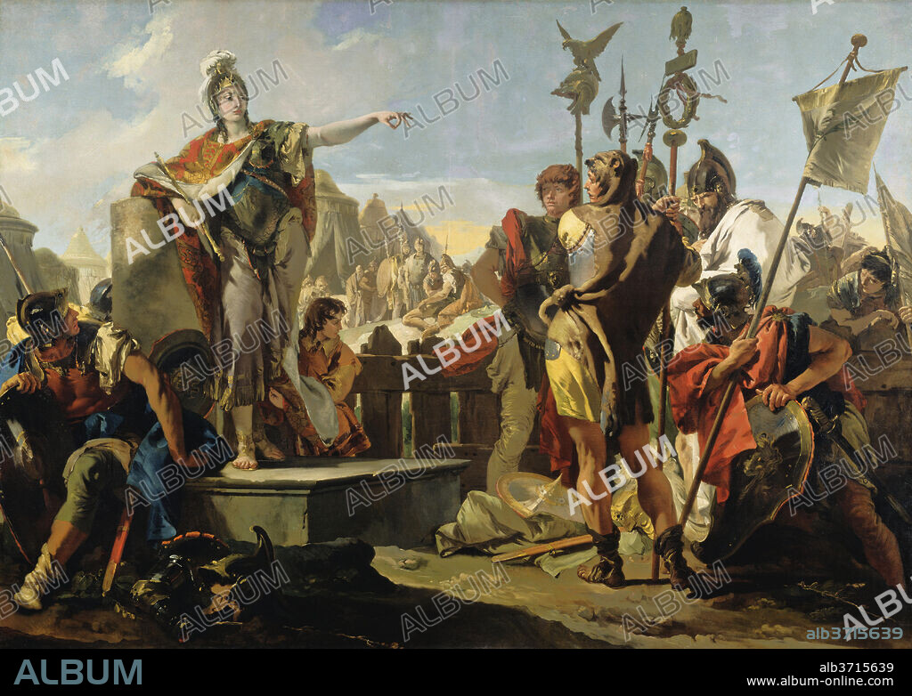 GIOVANNI BATTISTA TIEPOLO. Queen Zenobia Addressing Her Soldiers. Dated: 1725/1730. Dimensions: overall: 261.4 x 365.8 cm (102 15/16 x 144 in.)  framed: 292.1 x 397 x 8.5 cm (115 x 156 5/16 x 3 3/8 in.). Medium: oil on canvas.