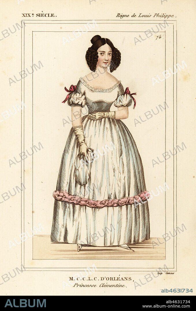 Princess Clementine of Orleans, 1817-1907. Marie-Clementine-Caroline-Leopoldine-Clotilde d'Orleans, Princesse Clementine. Handcoloured lithograph from Le Bibliophile Jacob aka Paul Lacroix's Costumes Historiques de la France (Historical Costumes of France), Administration de Librairie, Paris, 1852.