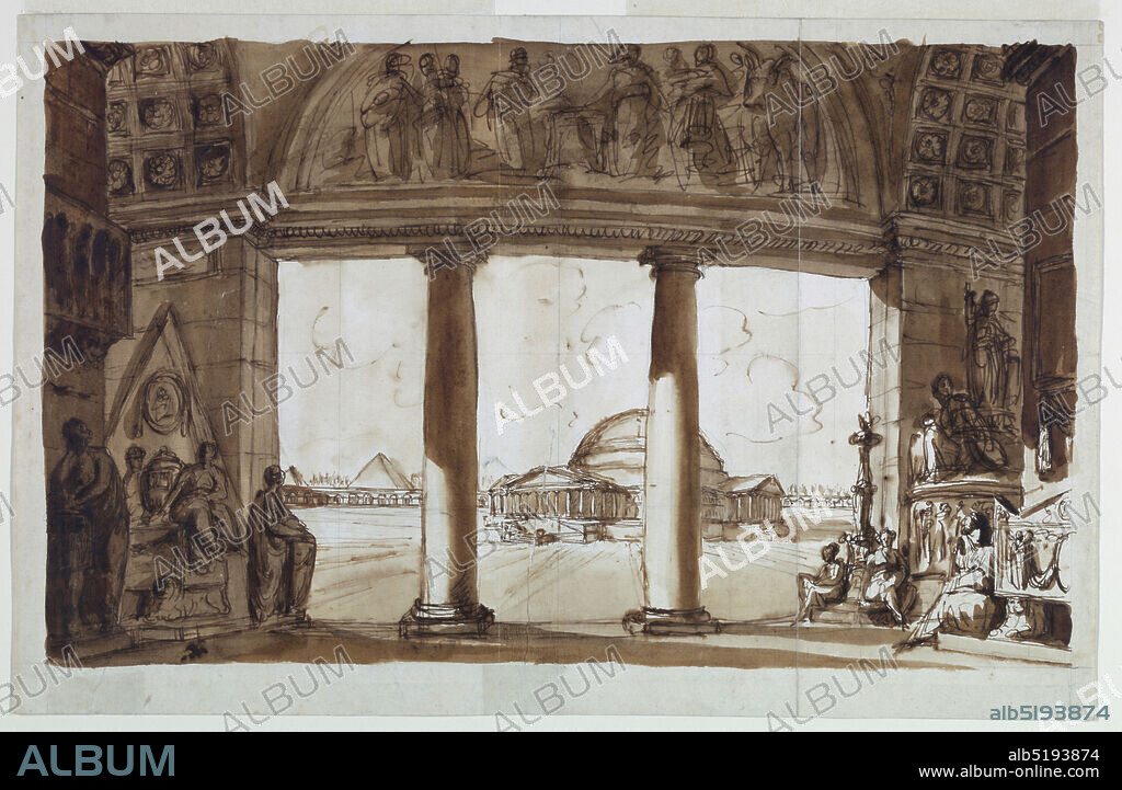 Sepulchral Chapel seen through a Colonnade, Pen and brown ink, brush and brown wash, graphite on off-white laid paper, Horizontal rectangle: view from within an antique building in which sculptural monuments are massed, through an opening between two columns toward large domed building., Italy, 18th century, architecture, Drawing, Drawing.
