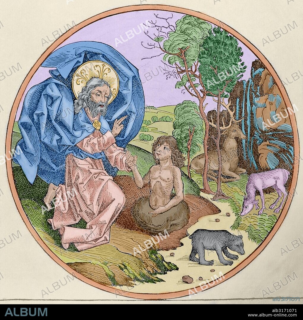 "LA CREACION DEL HOMBRE". Grabado del siglo XVI. Coloreado.