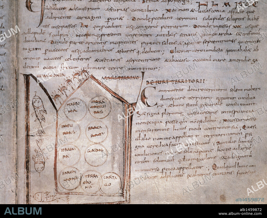 ARTE ROMANICO. SIGLO XI. ESPAÑA. MAPA ESQUEMATICO DE LA PENINSULA IBERICA. Ilustra un texto titulado "DEMOSTRATIO ARTIS GEOMETRICAE EX MULTIS VOLUMINIBUS DIGESTUM" contenido en un manuscrito misceláneo del Monasterio de Ripoll. Presenta la Península Ibérica en forma de pentágono invertido. Manuscritos de Ripoll 106, fol. 82r. Archivo de la Corona de Aragón. Barcelona. Cataluña.