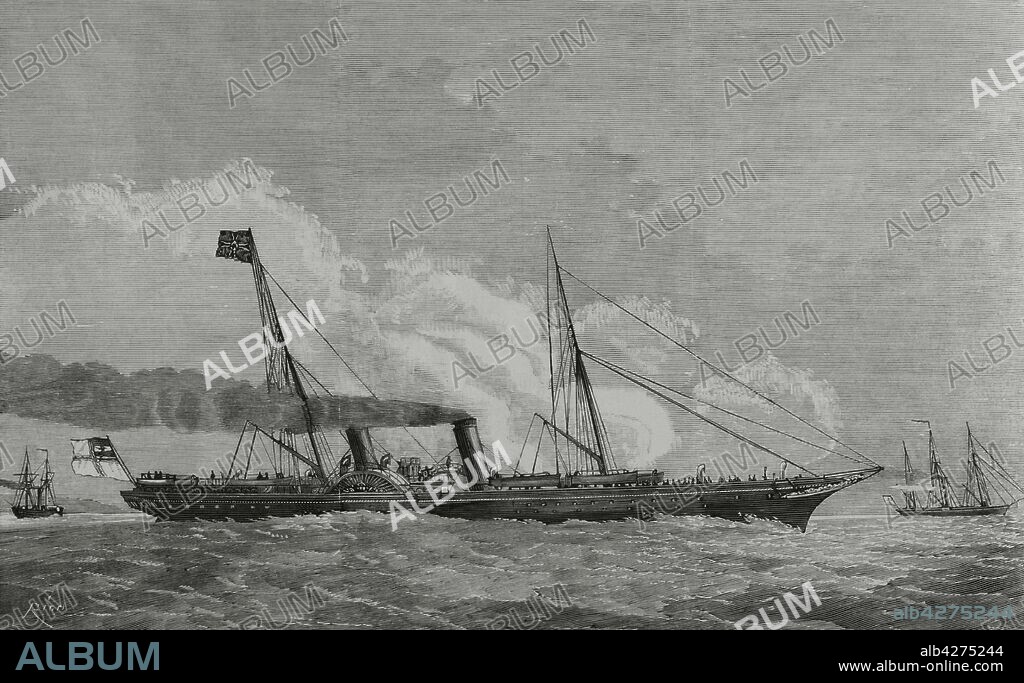 El Yate"Hohenzollern I", utilizado por el emperador alemán Guillermo I de Alemania (1797-1888), construido entre los años 1876-1878. A bordo se verificó la entrevista entre los emperadores de Rusia, Alejandro III (1845-1894), y el de Alemania, Guillermo I. Grabado por Bernardo Rico (1825-1894). La Ilustración Española y Americana,22 de septiembre de 1881.