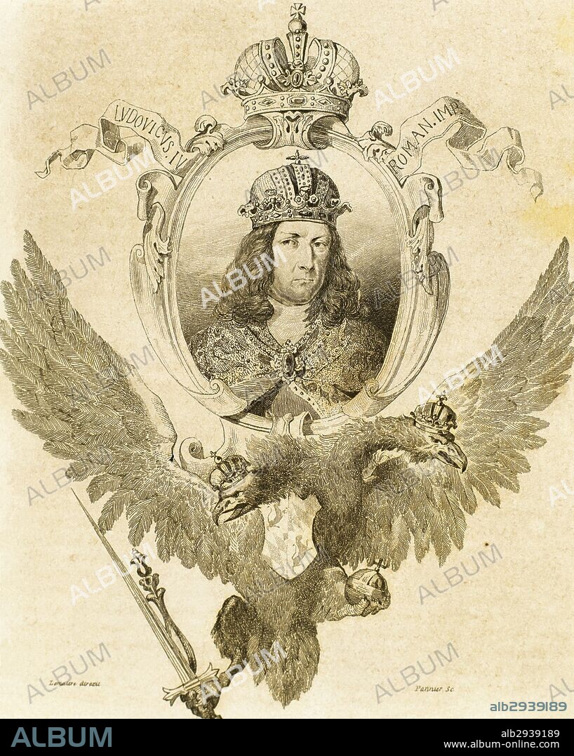 LUIS IV DE BAVIERA (Munich, 1282-Fürstenfeldbruck, 1347). Emperador del Sacro Imperio Romano Germánico (1328-1347). Fue excomulgado en 1324 por el papa Juan XXII, y depuesto del trono por los príncipes alemanes (1346) a instigación del papa Clemente VI. Grabado.