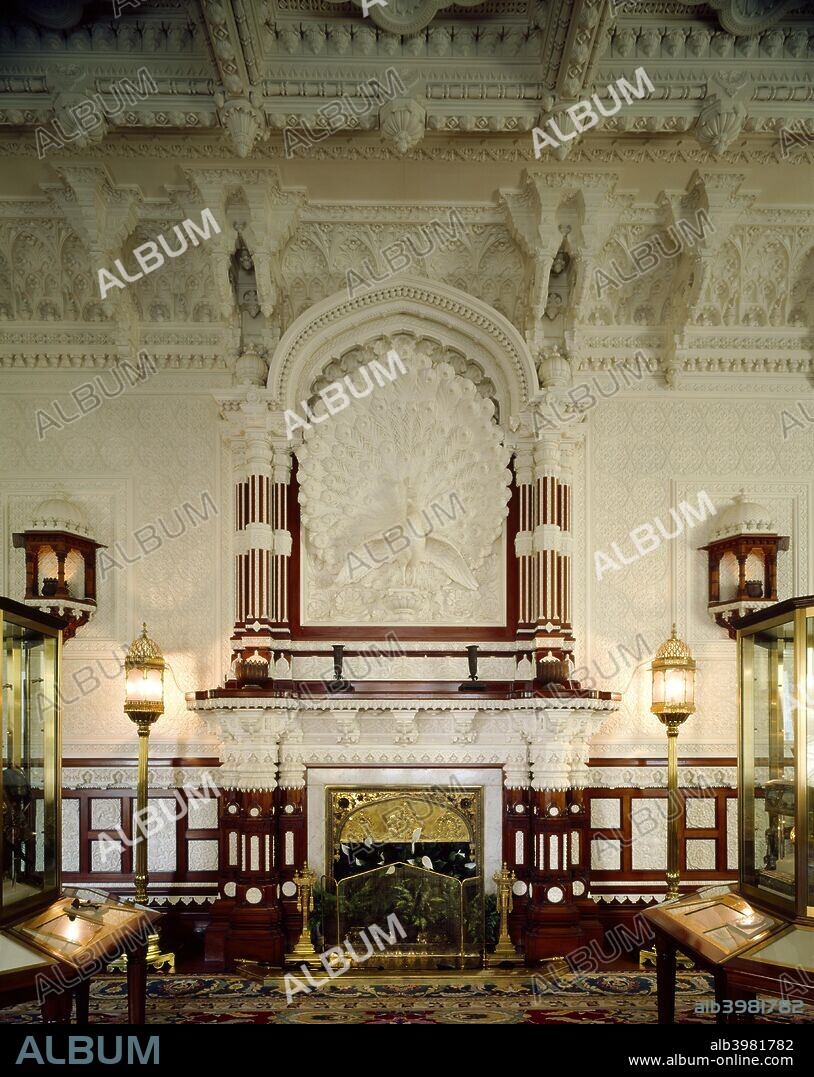 Osborne House, East Cowes, Isle of Wight, c1990-2010. View of the Durbar Room fireplace and peacock over the chimney-piece. A former royal residence in East Cowes, Isle of Wight, built between 1845 and 1851 for Queen Victoria and Prince Albert as a summer home and rural retreat. Designed in the style of an Italian Renaissance palazzo, built by Thomas Cubitt. Grade I listed and under the care of English Heritage.