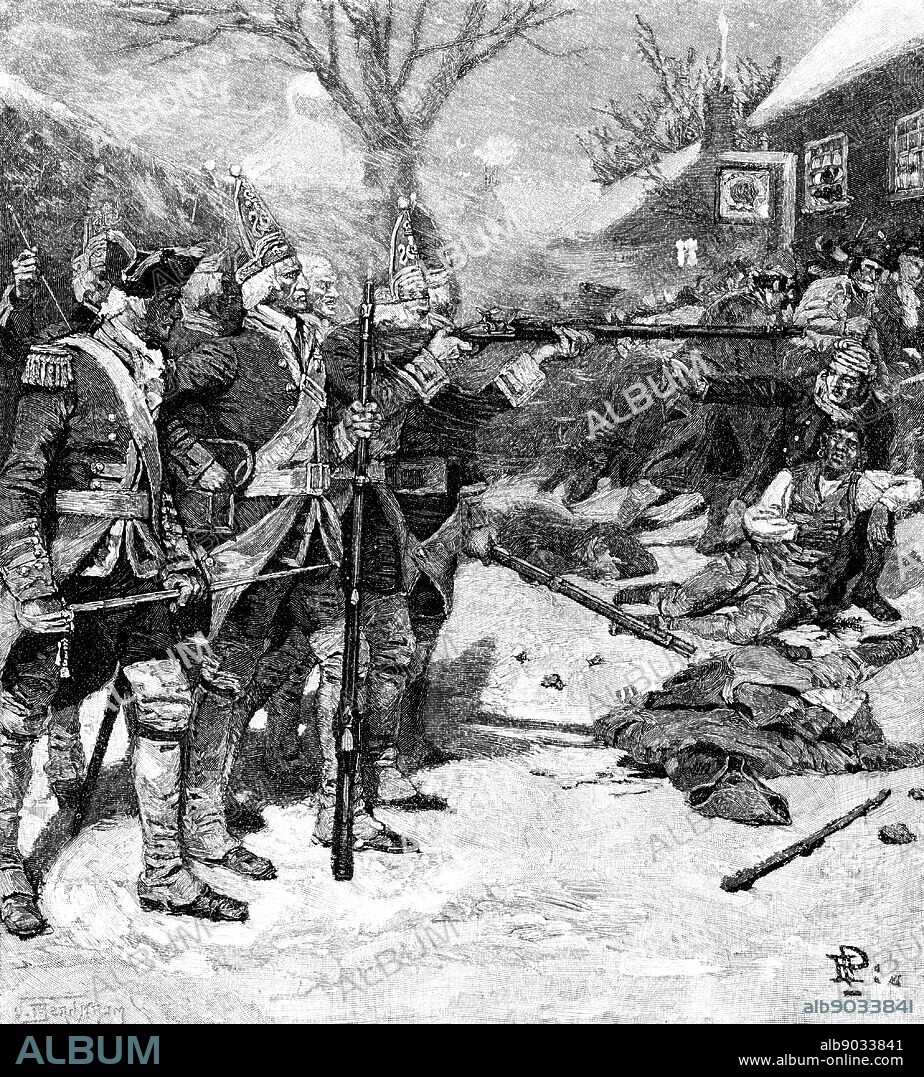 Boston Massacre, 5 March 1770. Skirmish between British troops and crowd in Boston Massachusetts. Five protesters killed, the first being Crispus Attucks a black sailor and former slave. Wood engraving, 1883.
