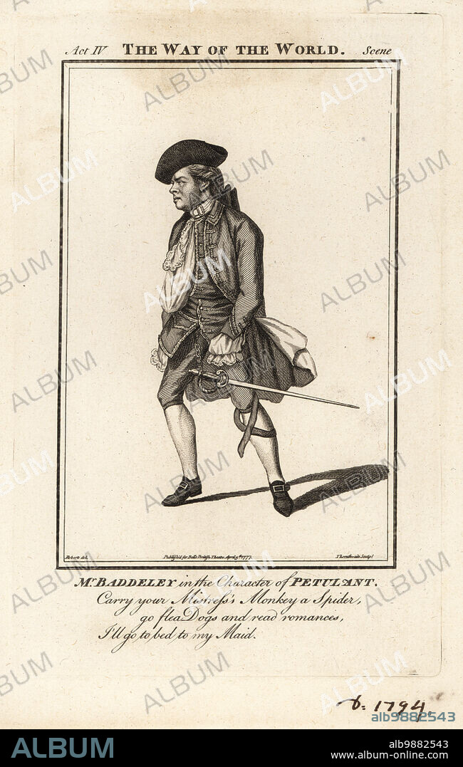 Mr. Robert Baddeley in the character of Petulant in William Congreves The Way of the World, Drury Lane Theatre, 1764. Copperplate engraving by J. Thornthwaite after an illustration by James Roberts from Bells British Theatre, Consisting of the most esteemed English Plays, John Bell, London, 1777.