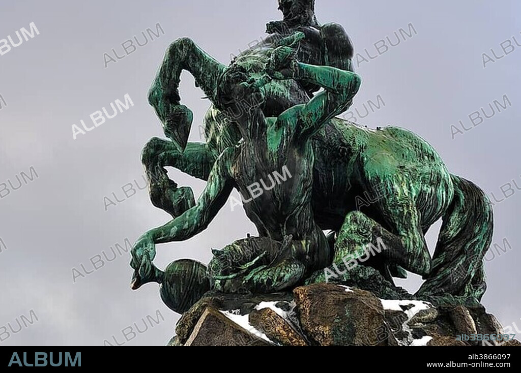 Centaur Fountain in winter, inaugurated in 1890, by sculptor Rudolf Maison, Bahnhofsplatz, Fuerth, Middle Franconia, Bavaria, Germany