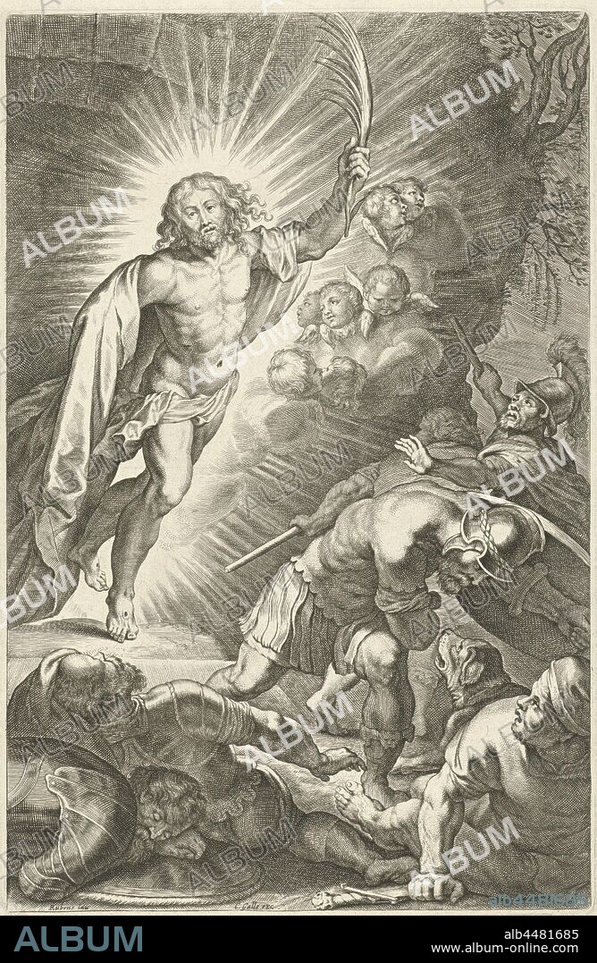Resurrection of Christ, Christ rises from his grave. Angels surround him. The sleeping soldiers wake up and flee. Christ, usually holding a banner, arises from the grave, often combined with sleeping and / or frightened soldiers, anonymous, Antwerp, 1614 - 1650, paper, engraving, h 300 mm × w 196 mm.