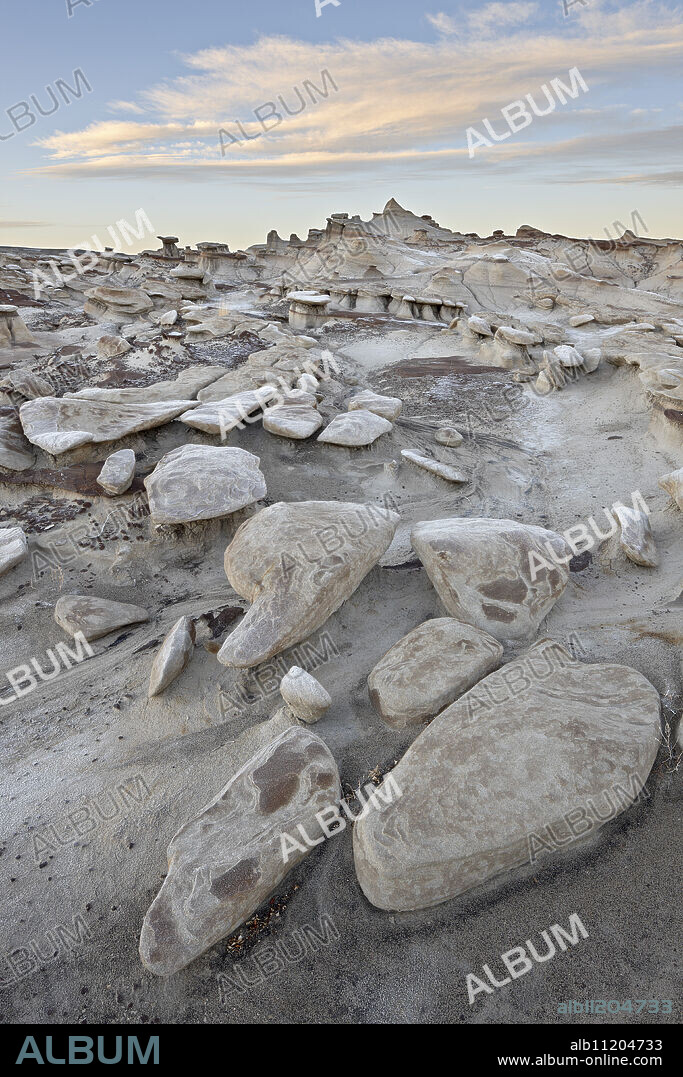 Rocks in the badlands at sunrise, Bisti Wilderness, New Mexico, United States of America, North America.