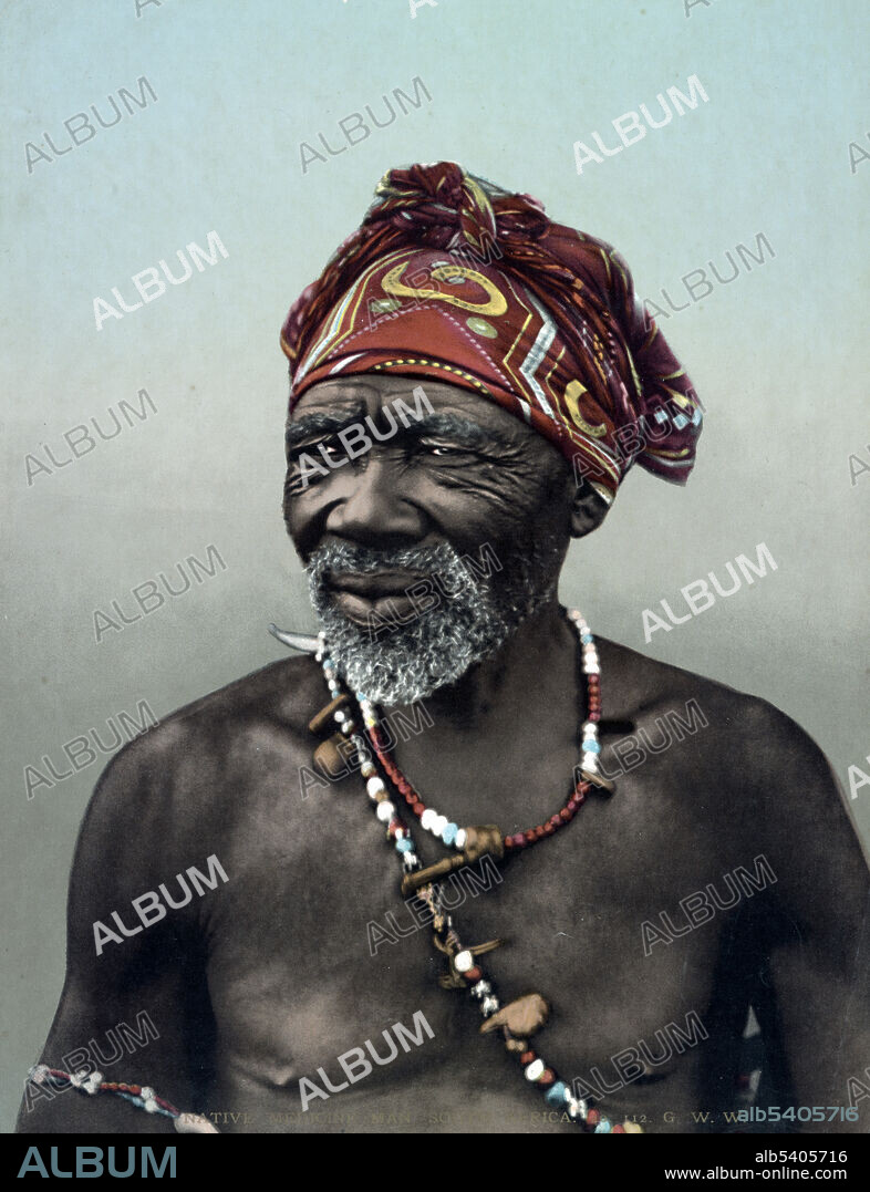 Medicine Man from South Africa photographed circa 1890-1910 for the Photoglob Company by G.W. Wilson. Traditional healers of South Africa are practitioners of traditional African medicine. They fulfill different social and political roles in the community, including divination, healing physical, emotional and spiritual illnesses, directing birth or death rituals, finding lost cattle, protecting warriors, counteracting witchcraft, and narrating the history, cosmology, and myths of their tradition. There are two main types of traditional healers within the Nguni, Sotho-Tswana, and Tsonga societies of Southern Africa: the diviner (sangoma), and the herbalist (inyanga). These healers are effectively South African shamans who are highly revered and respected in a society where illness is thought to be caused by witchcraft, pollution (contact with impure objects or occurrences) or through neglect of the ancestors.