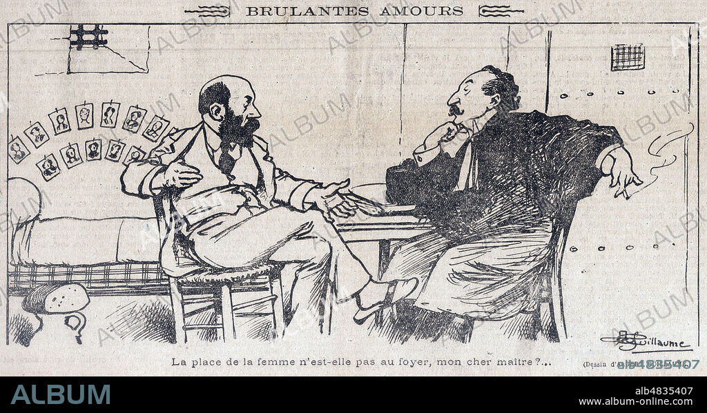 La place de la femme n'est-elle pas au foyer, mon cher maitre (LANDRU (1869-1922) parlant avec son avocat devant les portraits de ses victimes). Caricature de Albert GUILLAUME (1873-1942) pour Le Journal du 23 mai 1919. Credit : Collection Jonas/Kharbine-tapabor.