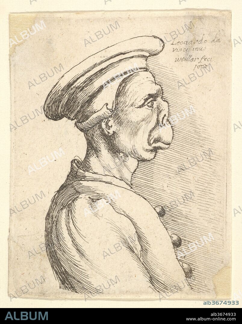 Bust of a man with a flat nose and protruding mouth, wearing flat cap and buttoned coat in profile to right. Artist: After Leonardo da Vinci (Italian, Vinci 1452-1519 Amboise). Dimensions: Plate: 2 7/16 × 1 7/8 in. (6.2 × 4.8 cm)
Sheet: 2 1/2 × 1 15/16 in. (6.4 × 5 cm). Etcher: Wenceslaus Hollar (Bohemian, Prague 1607-1677 London). Series/Portfolio: Grotesque heads
set of four prints. Date: 1660.
Bust of a man with a flat nose and protruding mouth, wearing flat cap and buttoned coat in profile to right.