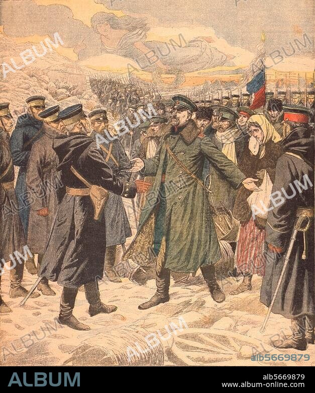Russo-Japanese War 1904/05. Conquest of the Russian fleet base at Port Arthur by the Japanese on 2 January 1905. "Les Japonais accordent les honneurs de la guerre au general Stoessel (..) ". (Gen Nogi & Gen. Anatoli St|ssel). Colour print. Fr. Le Petit Journal, Supp lement illustre, vol 16, Paris, 15 January 1905. Berlin, Sammlung Archiv für Kunst und Geschichte.