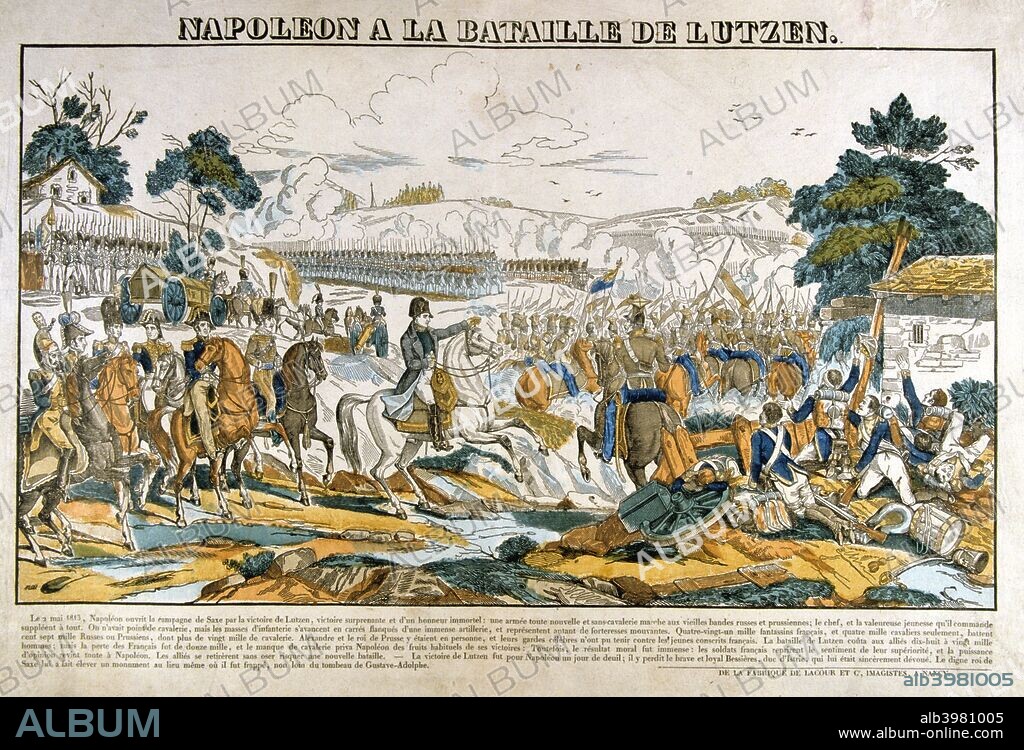 'Napoleon at the Battle of Lutzen', 2 May, 1813. With a Prusso-Russian army of some 100,000 men moving on a small French force at Leipzig, Napoleon Bonaparte decided to intercept the enemy. At the head of 120,000 men, the French emperor detached Marshal Ney's III Corps at Lutzen to use part of it as bait to attract the attention of the enemy commanders Count Wittgenstein and General Blucher. By the time Bonaparte arrived on the field the French were more than 110,000 strong and pressuring the Allies from the flanks. In the early evening, the emperor ordered his Guard forward and, together with flank assaults, drove the Russians and Prussians into retreat. French casualties were up to 20,000 while the Prusso-Russian losses of up to 20,000 would have been considerably worse if the depleted French army had not been hamstrung by a shortage of cavalry.