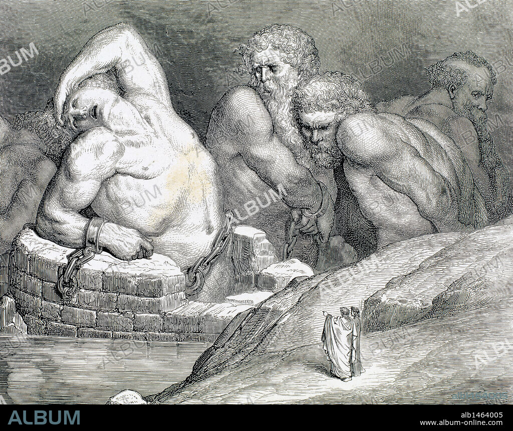 PAUL GUSTAVE DORÉ (basado en). "LA DIVINA COMEDIA". Poema escrito en toscano donde se relata el viaje de su autor, DANTE ALIGHIERI, para llegar a la CONTEMPLACION DIVINA. "ESE SOBERBIO QUISO MEDIR SUS FUERZAS CONTRA EL SOBERANO JOVE Y AQUI TIENE SU MERECIDO" (Infierno, c. XXXI). Grabado de Gustavo DORE.