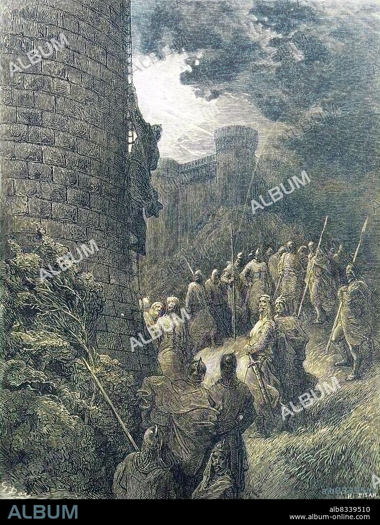 Bohemond I., 1054-1111, was the Prince of Taranto from 1089 to 1111 and the Prince of Antioch from 1098 to 1111. He was a leader of the First Crusade, which was governed by a committee of nobles, here he is standing on a ladder / Bohemund I., 1054-1111, war von 1089 bis 1111 Prinz von Taranto und von 1098 bis 1111 Prinz von Antiochia. Er war Fºhrer des Ersten Kreuzzugs, der von einem Adelskomitee regiert wurde, auf dem er steht eine Leiter, historisch, historical, digital improved reproduction of an original from the 19th century / digitale Reproduktion einer Originalvorlage aus dem 19. Jahrhundert, Originaldatum nicht bekannt, koloriert, handcoloriert, Koloration.