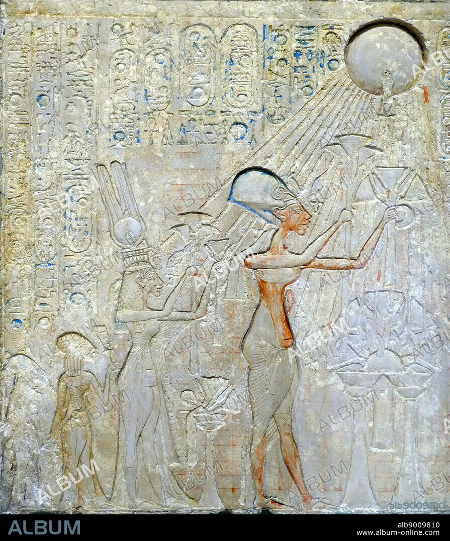 stele representing Akhenaton, Nefertiti and daughters worshiping the Aten sun disk. King Akhenaten, ruled Egypt for about 17 years: He changed the state cult of Amun Ra to that of Aten, and moved the capital from Thebes to Tell el-Amarna.