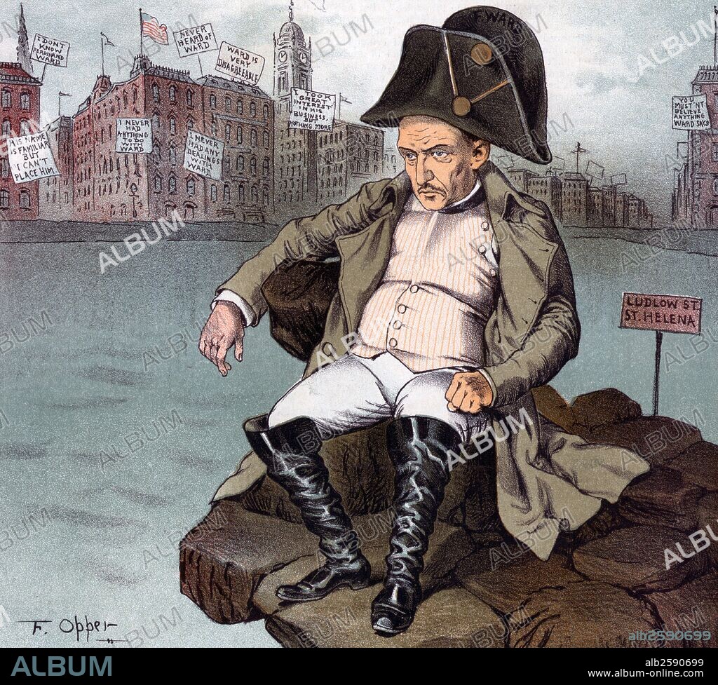 The "Little Napoleon of Wall Street" in exile by Frederick Burr Opper, 1857-1937, artist. Date 18850101. Illustration shows Ferdinand Ward as Napoleon I sitting on a pile of stones labelled "Ludlow St. St. Helena" in the middle of a river with the New York City skyline behind him; some of the signs on buildings state "I don't know Ferdinand Ward", "His name is familiar, but I can't place him", "I never had anything to do with Ward", and "Never heard of Ward".
