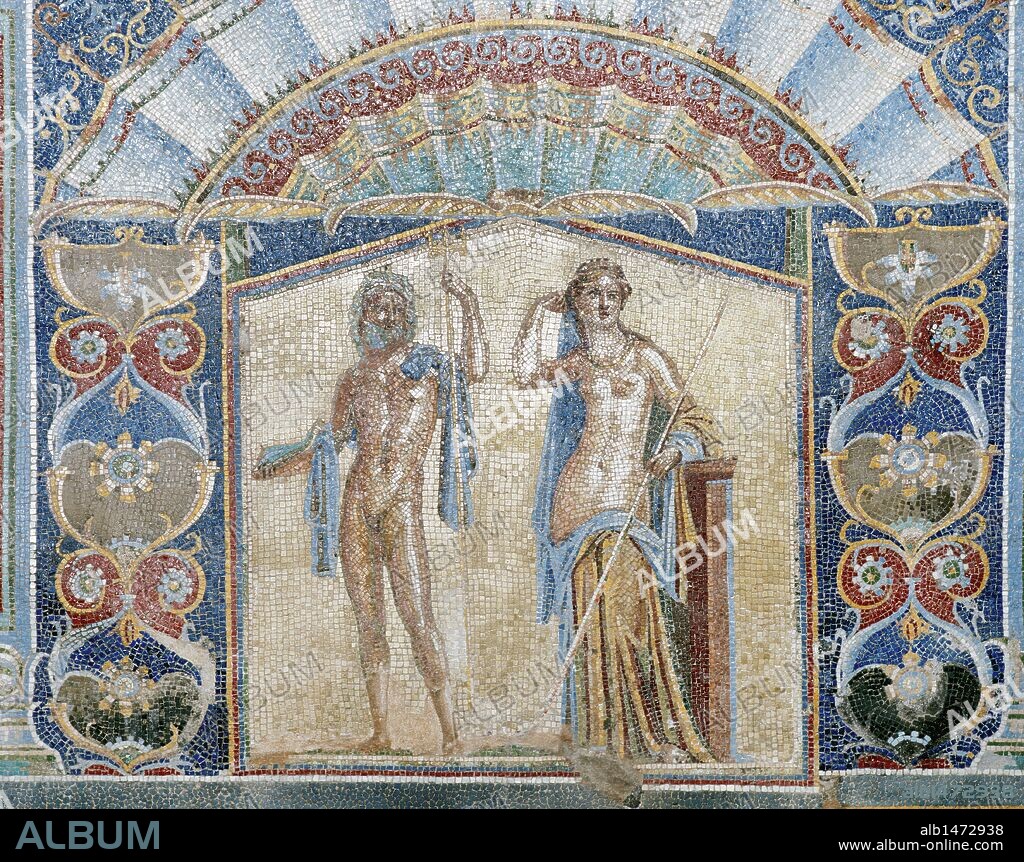 Neptune and Amphitrite. Roman mosaic in the Nymphaeum of the House of Neptune and Amphitrite. 70 A.C. Wall mosaic in House number 22. Herculaneum. Italy.