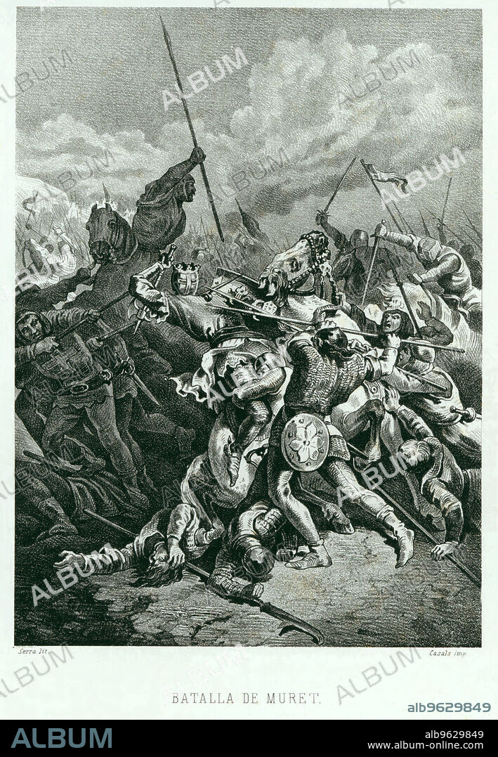 Battle of Muret, 1213, King D. Pedro II of Aragon died in battle, engraving.