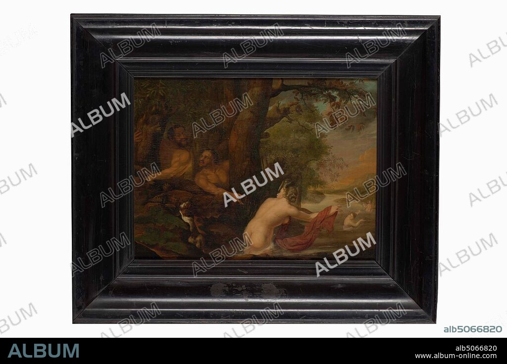 painting, Jacob van der Sluys, c. 1690 - 1720, Signature front, bottom left: J. van der Sluis faecit, panel, oil paint, painted, Carrier: 33.6 × 44.4 × 0.5cm (336 × 444 - 5mm), With frame: 54.7 - 65 - 5cm (547 - 650 - 50mm), landscape, woman, river, dog, man, tree, Painting depicting satyrs and nymphs in a landscape . Two satyrs, half hidden behind tree trunks, appear on the heavily tree-lined bank of a river stretching to the right between mountains. The left one includes a willow trunk and looks at a nymph fleeing into the water, laughing. The judge looks at the first and points to the nymph. This one is seen from the back, standing in the water of the river and she flees half looking at the satyrs. A purple cloth hangs over her right arm. To the right and more to the rear two nymphs also fleeing in the water. On the left bank is a white and brown long-haired dog, barking at the satyrs. Signed bottom left. The painting is in a black-painted wooden frame, 1914.