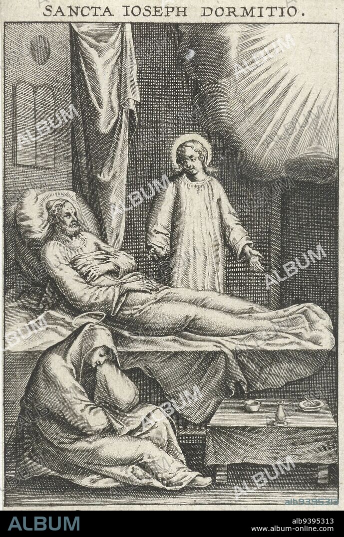 An angel visits Joseph in a dream and tells him to stay with Mary (who is pregnant after the Annunciation), and to name the child who will be born Jesus. The print has a Latin caption and is part of a six-part series featuring scenes from the life of the Holy Family, Warning of an Angel to Joseph Sancta Ioseph dormitio Scenes from the Life of the Holy Family , print maker: Theodoor Galle, (possibly), publisher: Theodoor Galle, (mentioned on object), Antwerp, 1581 - 1633, paper, engraving, w 54 mm × h 90 mm.