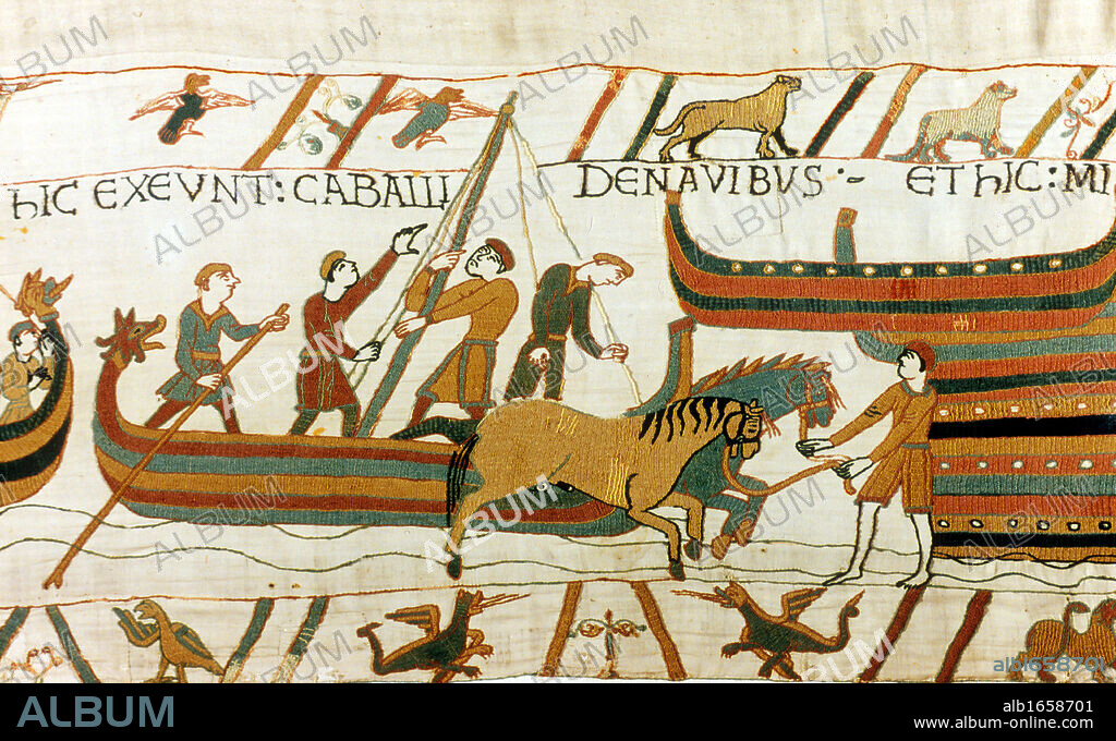 Bayeux Tapestry 1067: Horses being unloaded from Norman boats at Pevensey, south coast of England, 28 September 1066. Battle of Hastings between William of Normandy and Harold of England, 14 October 1066. Invasion Textile Linen.