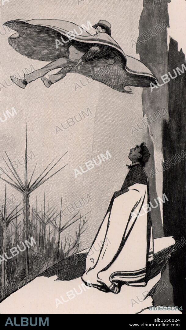 Bedford and Cavour, having arrived on the Moon, Bedford leaps as he would on Earth and finds that, with the strength Moon's gravity weaker than that of the Earth, he needs to move less violently. From  "The First Men in the Moon" by HG Wells. First published London, 1913.  (Photo by: Universal History Archive/UIG via Getty Images).